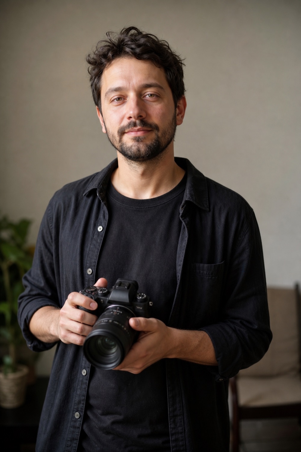 Leo Navarro holding a camera, photographed in black and white against a plain wall
